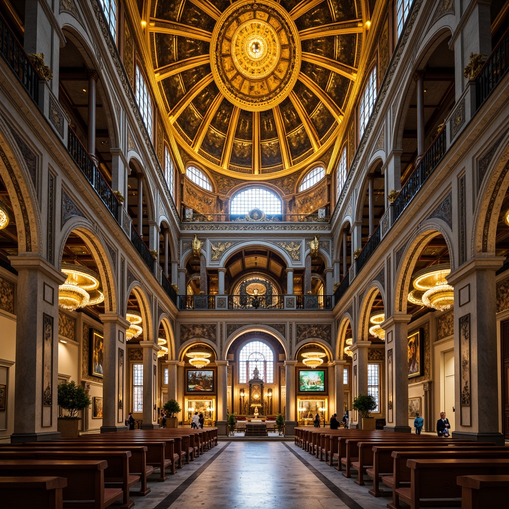 Prompt: Golden dome, ornate mosaics, intricate stone carvings, Byzantine architectural style, grand cathedral interior, high ceilings, vaulted arches, ornate chandeliers, stained glass windows, marble floors, richly patterned textiles, warm soft lighting, shallow depth of field, 1/1 composition, symmetrical view, realistic textures, ambient occlusion.