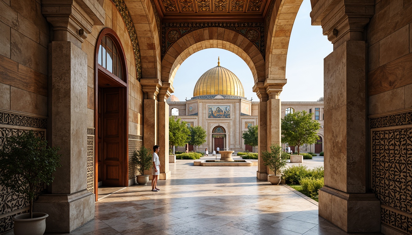 Prompt: Intricate stone carvings, ornate golden domes, majestic archways, grand entrance gates, rustic wooden doors, vibrant mosaic patterns, richly textured stonework, Byzantine-inspired frescoes, serene courtyard gardens, tranquil fountain features, soft warm lighting, shallow depth of field, 3/4 composition, panoramic view, realistic textures, ambient occlusion.