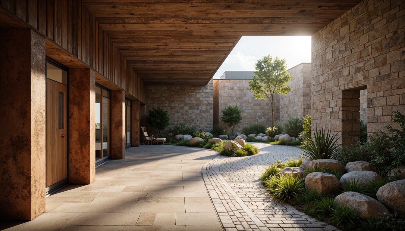 Prompt: Rough stone walls, weathered wooden planks, rusty metal accents, smooth concrete floors, intricate brick patterns, ornate tile mosaics, natural rock formations, earthy color palette, organic shapes, curved lines, modern minimalist aesthetic, abundant natural light, soft warm glow, shallow depth of field, 1/1 composition, realistic textures, ambient occlusion.