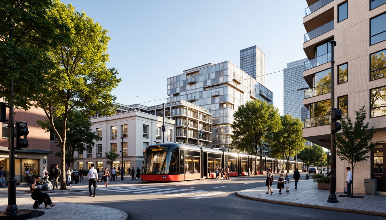 Prompt: Vibrant cityscape, modern tram station, sleek glass roofs, steel beams, urban integration, pedestrian-friendly infrastructure, green spaces, public art installations, bustling streets, morning commute, soft natural lighting, shallow depth of field, 1/1 composition, realistic textures, ambient occlusion, urban furniture, bike lanes, street performers, eclectic architecture, mixed-use development, lively atmosphere, warm color palette.