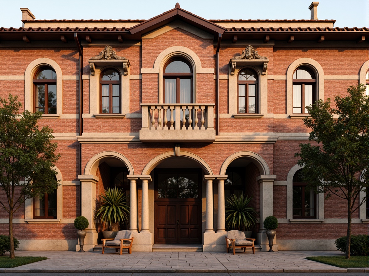 Prompt: Renaissance-style building facade, ornate brick patterns, rustic red brick walls, arched windows, classical columns, ornamental cornices, grand entranceways, symmetrical composition, warm golden lighting, shallow depth of field, 1/1 aspect ratio, realistic textures, ambient occlusion.