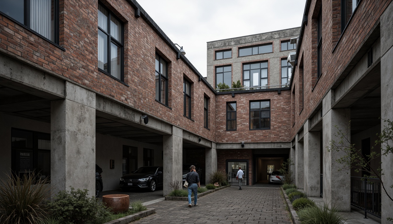 Prompt: Rough concrete walls, exposed ductwork, industrial metal beams, raw brick facades, distressed wood accents, brutalist fortress-like structures, rugged stone foundations, weathered steel surfaces, oxidized copper details, urban cityscape backdrop, overcast skies, dramatic shadows, high-contrast lighting, cinematic composition, gritty realistic textures, ambient occlusion.