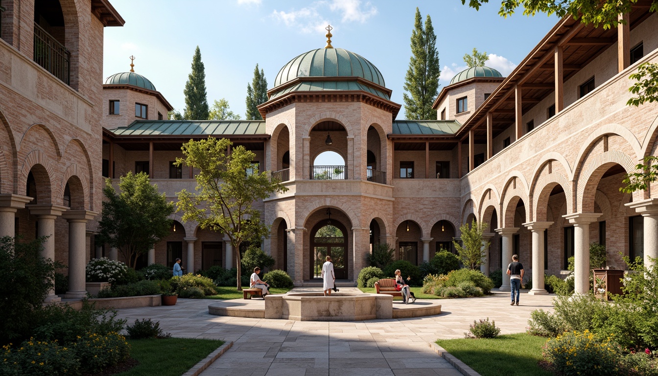 Prompt: Intricate stone carvings, ornate domes, grand archways, vibrant mosaics, golden accents, rustic terracotta tiles, curved rooflines, ornamental finials, weathered copper cladding, aged brick facades, Byzantine-inspired ornaments, lush greenery, serene courtyard, warm afternoon light, soft shadows, 1/1 composition, realistic textures, ambient occlusion.