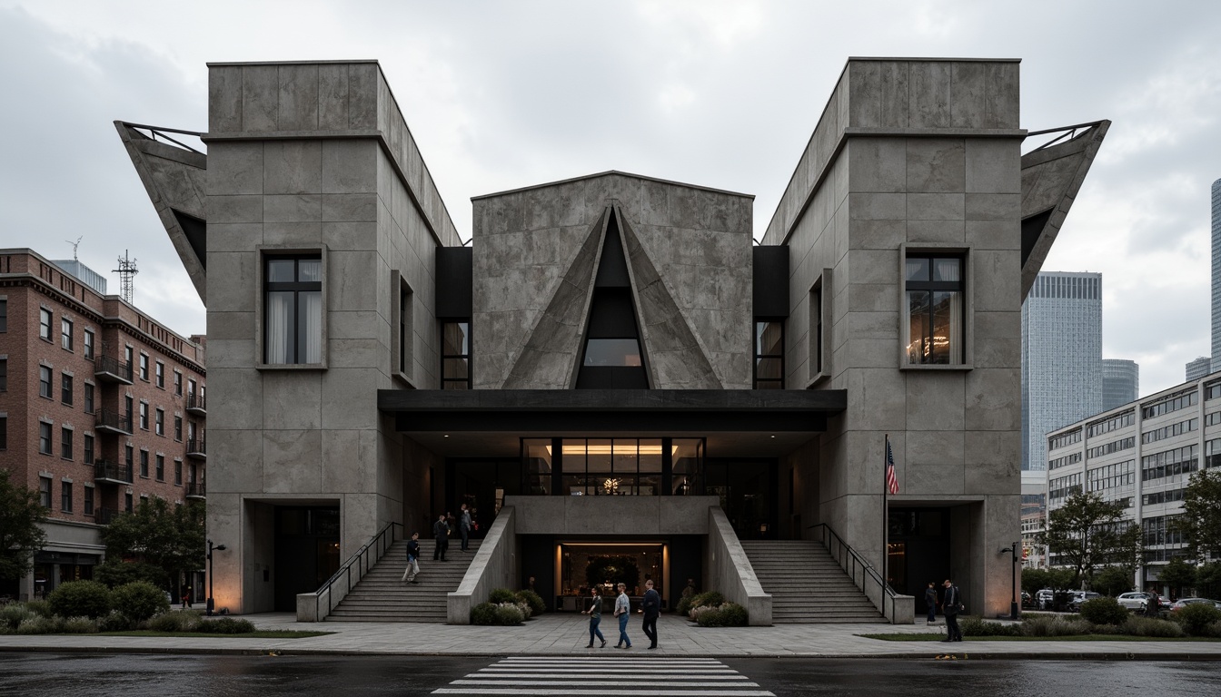 Prompt: Rugged concert house facade, brutalist architecture style, raw concrete textures, fortress-like structure, asymmetrical composition, dramatic cantilevered roofs, industrial metal accents, minimalist ornamentation, bold geometric forms, monochromatic color scheme, urban cityscape background, cloudy overcast sky, high-contrast lighting, deep shadows, 1/2 composition, cinematic camera angle, gritty realistic rendering.