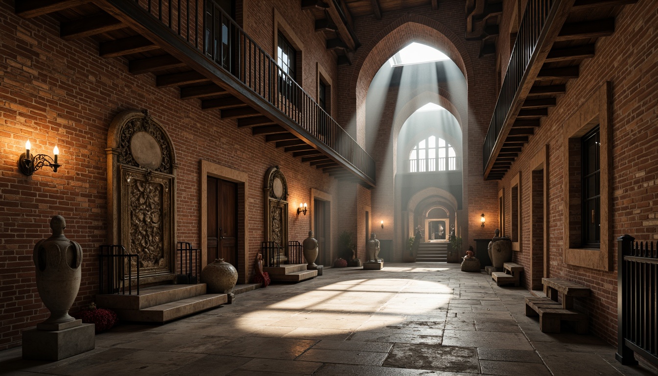 Prompt: Rustic warehouse interior, exposed brick walls, vaulted ceilings, Romanesque arches, industrial metal beams, reclaimed wood accents, earthy color palette, warm soft lighting, shallow depth of field, 1/1 composition, realistic textures, ambient occlusion, atmospheric mist, dramatic shadows, ancient-inspired carvings, ornate stone details, grandiose scale, mysterious ambiance.