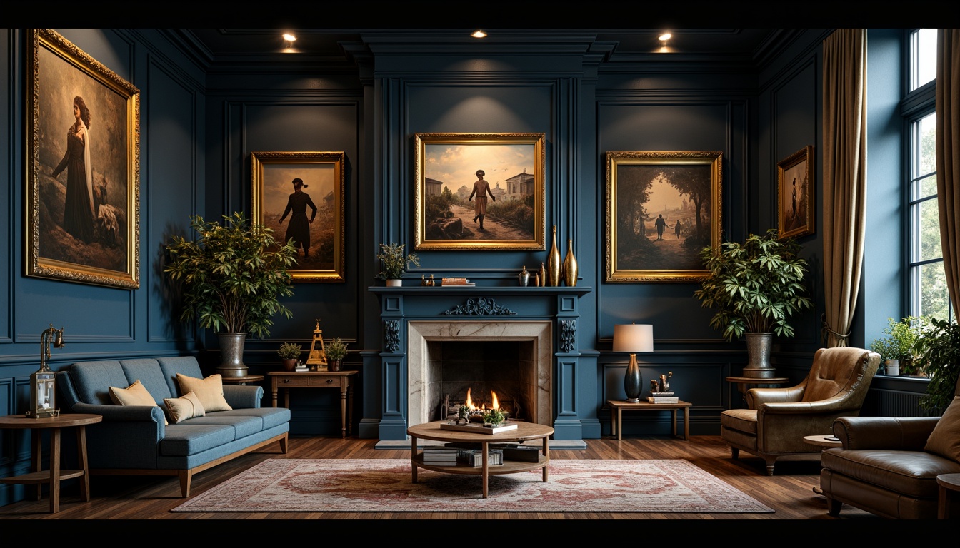 Prompt: Rich Prussian blue accents, warm golden lighting, soft creamy whites, deep charcoal grays, luxurious velvet textures, ornate gold frames, mysterious dark woods, antique leather-bound books, vintage distressed finishes, dramatic high-contrast shadows, cinematic 2.35