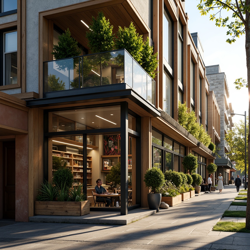 Prompt: Vibrant coffee shop facade, modern minimalist architecture, large glass windows, wooden accents, industrial metal frames, green walls, living plants, natural stone cladding, LED signage, neon lights, cozy outdoor seating, urban cityscape, bustling streets, morning sunlight, warm golden lighting, shallow depth of field, 1/2 composition, realistic textures, ambient occlusion.