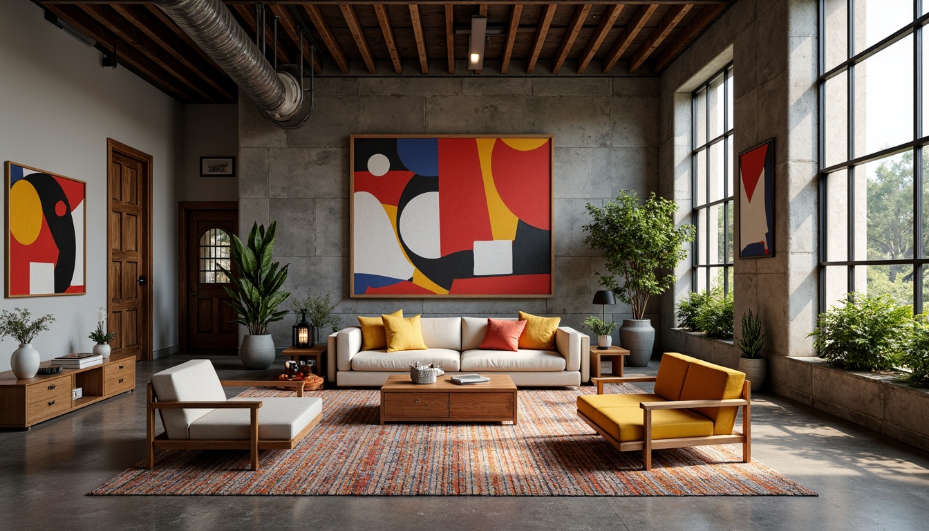 Prompt: Vibrant artistic studio, eclectic furniture, abstract artwork, bold color blocking, contrasting textures, rich wood accents, industrial metal fixtures, natural stone flooring, oversized windows, soft diffused lighting, warm atmospheric ambiance, 3/4 composition, shallow depth of field, realistic renderings, ambient occlusion.