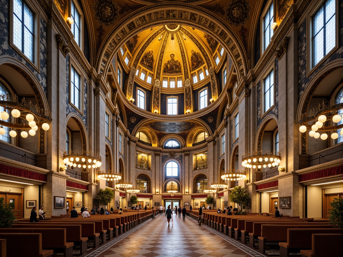 Prompt: Golden dome, ornate mosaics, intricate stone carvings, Byzantine architectural style, grand cathedral interior, high ceilings, vaulted arches, ornate chandeliers, stained glass windows, marble floors, richly patterned textiles, warm soft lighting, shallow depth of field, 1/1 composition, symmetrical view, realistic textures, ambient occlusion.