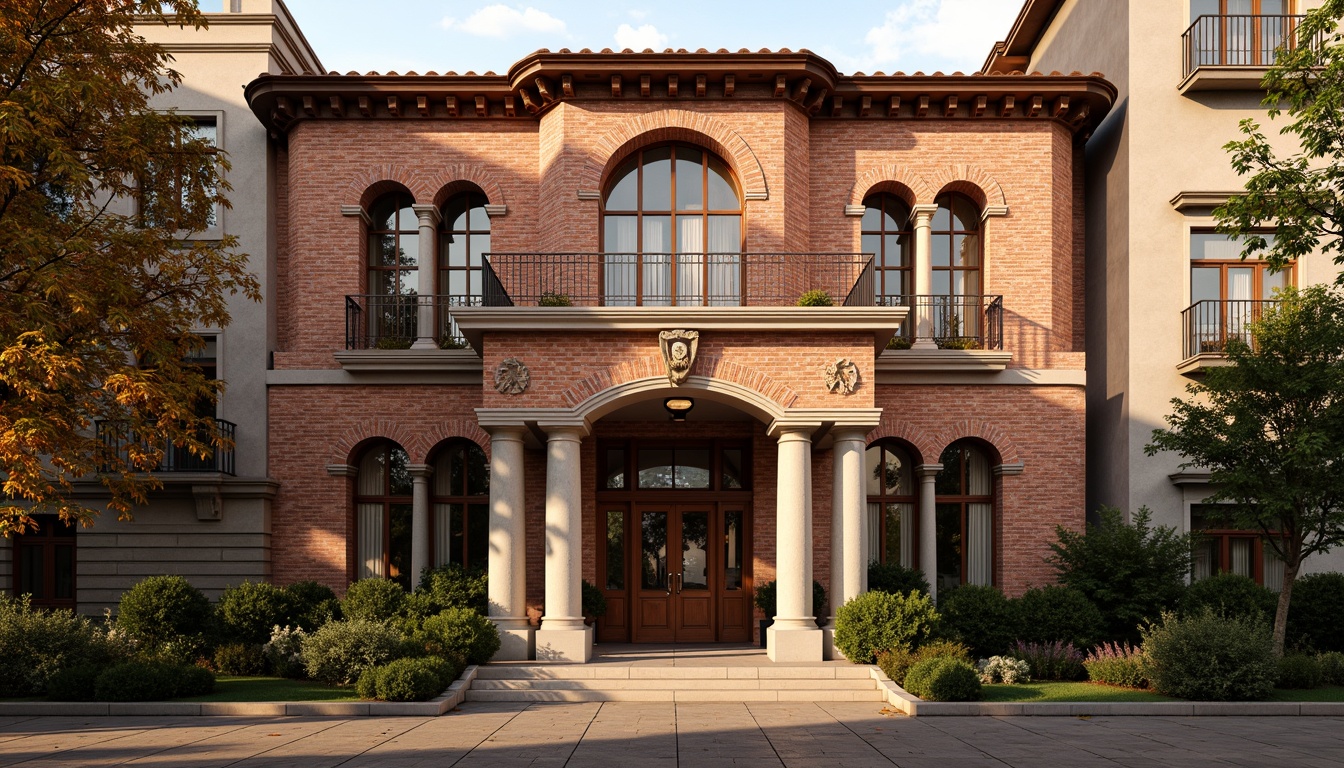 Prompt: Renaissance-style building facade, ornate brick patterns, rustic red brick walls, arched windows, classical columns, ornamental cornices, grand entranceways, symmetrical composition, warm golden lighting, shallow depth of field, 1/1 aspect ratio, realistic textures, ambient occlusion.