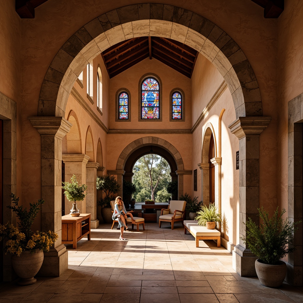 Prompt: Warm earthy tones, rustic stone walls, terracotta rooftops, ornate carvings, grand archways, vibrant stained glass windows, rich wood accents, intricate mosaics, soft warm lighting, shallow depth of field, 1/1 composition, realistic textures, ambient occlusion.