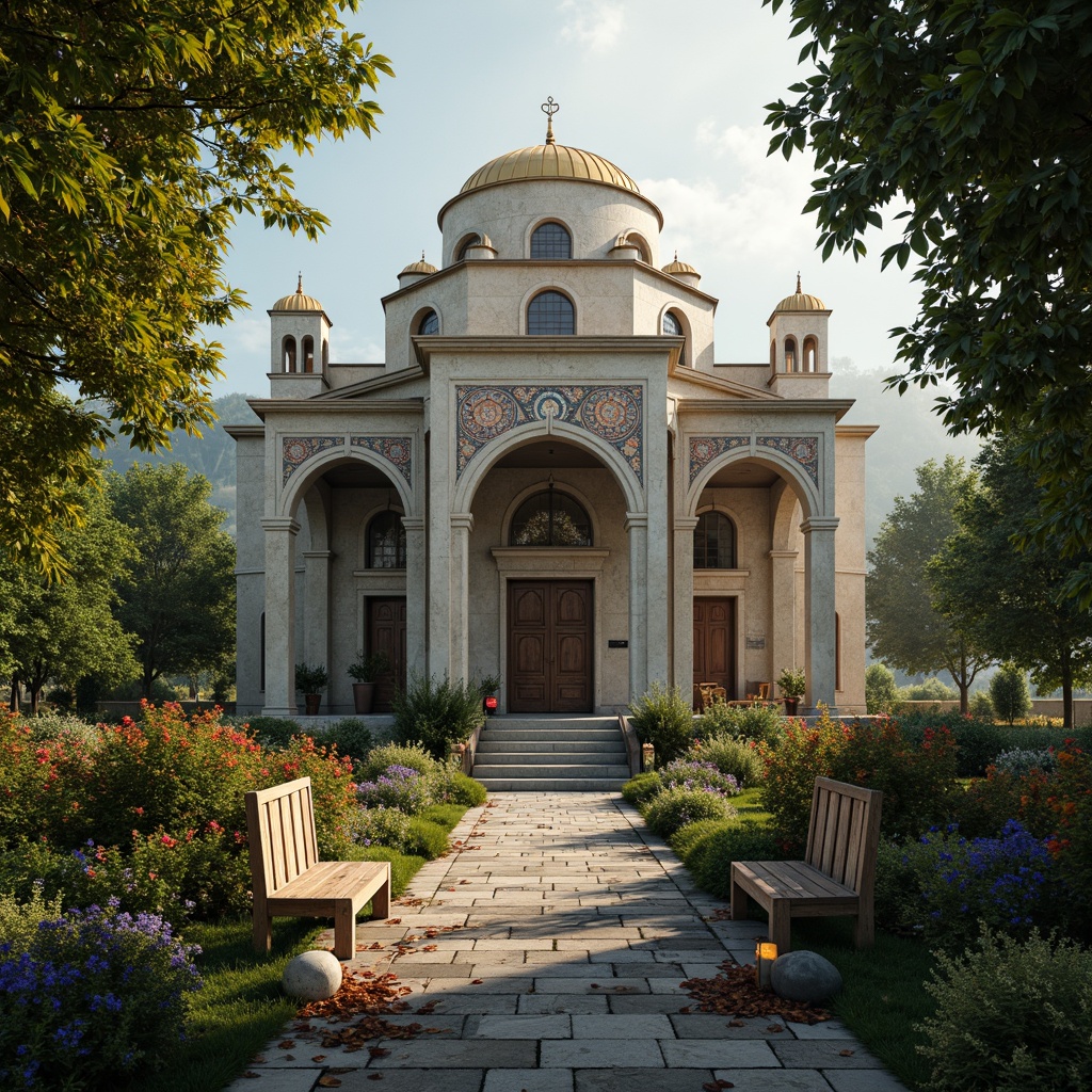 Prompt: Ancient stone church, ornate Byzantine architecture, lush greenery, vibrant flowers, intricately patterned mosaics, golden domes, rustic stone pathways, weathered wooden benches, lantern-style lighting, misty morning atmosphere, soft warm sunlight, shallow depth of field, 1/2 composition, symmetrical framing, realistic textures, ambient occlusion.