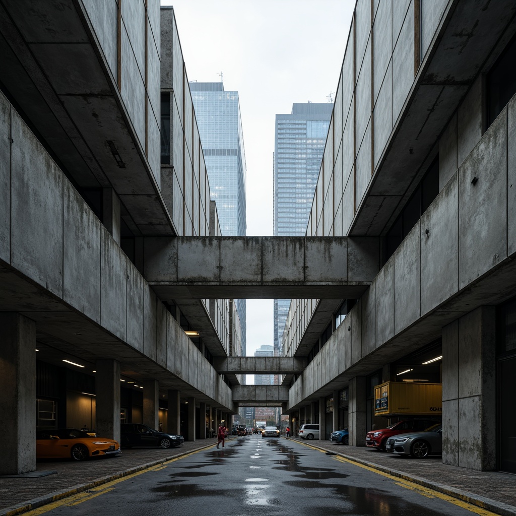 Prompt: Massive concrete forms, brutalist architecture, industrial distribution center, rugged textures, exposed ductwork, raw steel beams, functional minimalism, urban cityscape, overcast skies, dramatic shadows, high-contrast lighting, cinematic composition, symmetrical framing, bold geometric shapes, reinforced materials, utilitarian aesthetic, functional simplicity, mechanized systems, metallic accents, distressed finishes, monumental scale, imposing presence, atmospheric misting.