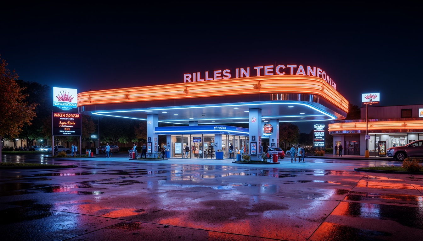 Prompt: Vibrant gas station, neon signage, bold typography, metallic accents, glossy finishes, retro-futuristic architecture, sleek lines, angular shapes, bright LED lights, electric blue hues, fiery orange tones, deep black backgrounds, high-contrast color scheme, 3D modeling, realistic reflections, ambient occlusion, shallow depth of field, panoramic view.