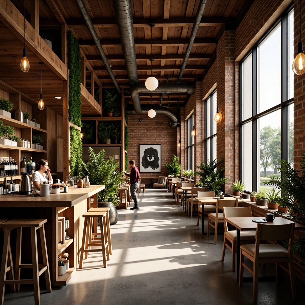 Prompt: Cozy coffee shop interior, warm wooden accents, industrial metal beams, exposed brick walls, comfortable seating areas, pendant lamps, Edison bulbs, soft warm lighting, layered lighting effects, ambient glow, natural textures, reclaimed wood tables, vintage decorative items, lush greenery, living walls, modern minimalist decor, urban loft atmosphere, morning sunlight, soft shadows, 1/1 composition, realistic renderings, subtle color grading.