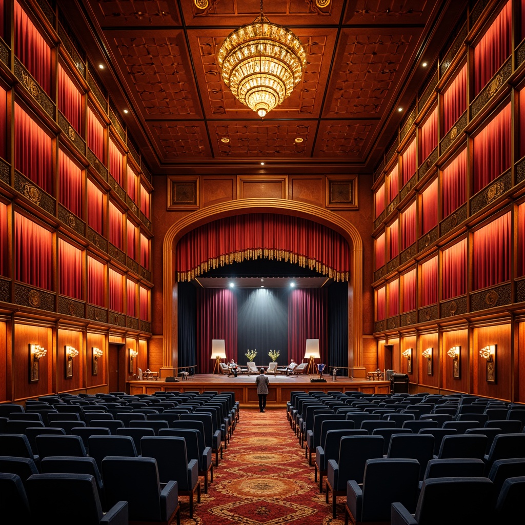 Prompt: Vibrant concert hall, rich wood tones, warm golden lighting, bold red accents, deep blue seats, polished metal fixtures, luxurious velvet curtains, ornate chandeliers, grand staircase, opulent balconies, lavish box seats, dramatic spotlights, soft warm glow, shallow depth of field, 1/1 composition, realistic textures, ambient occlusion.