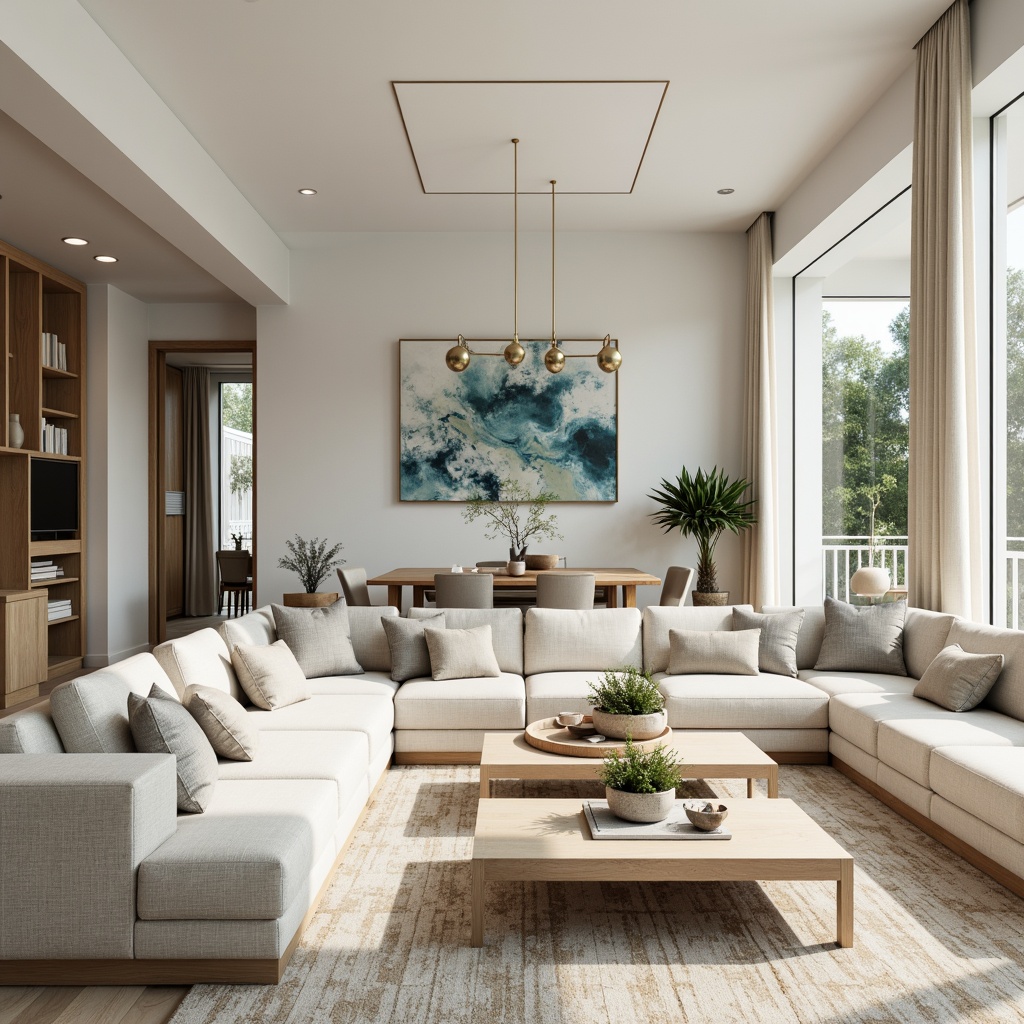 Prompt: Soft powder blue accents, creamy white walls, warm beige furniture, natural wood textures, subtle gold metallic details, elegant modern decor, spacious open-plan living area, large windows, abundant natural light, airy atmosphere, gentle shadows, 1/1 composition, soft focus, warm color grading, realistic fabric textures, ambient occlusion.