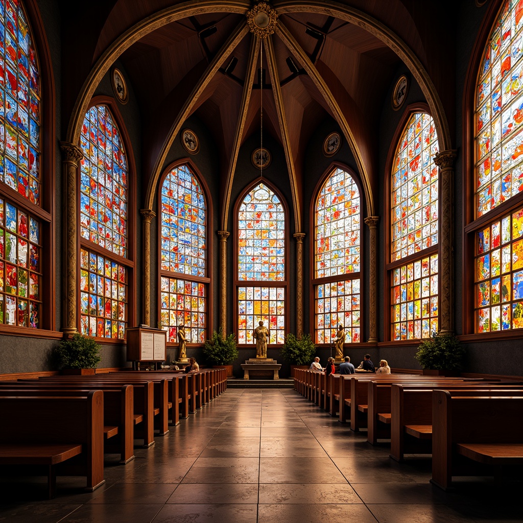 Prompt: Vibrant stained glass windows, rich jewel-toned mosaics, warm golden lighting, ornate intricate patterns, grandiose cathedral ceilings, modern minimalist chapels, sleek metal accents, sacred geometric symbols, bold contrasting colors, dramatic shadows, soft ambient illumination, 1/1 composition, symmetrical framing, realistic textures, subtle atmospheric effects.