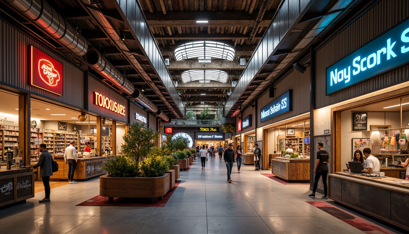 Prompt: Retro-futuristic shopping mall, corrugated iron fa\u00e7ade, industrial chic aesthetic, exposed ductwork, polished concrete floors, neon signage, vibrant color schemes, eclectic mix of textures, distressed wood accents, reclaimed metal decorations, urban graffiti, bustling atmosphere, warm softbox lighting, shallow depth of field, 1/2 composition, cinematic framing, realistic reflections, ambient occlusion.