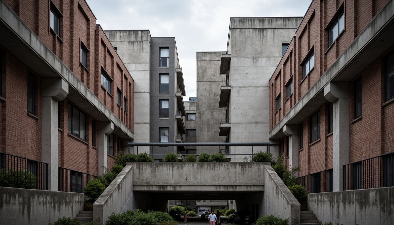 Prompt: Rough concrete walls, exposed ductwork, industrial metal beams, raw brick facades, distressed wood accents, brutalist fortress-like structures, rugged stone foundations, cold steel railings, minimalist ornamentation, functional simplicity, urban cityscape, overcast skies, dramatic shadows, high-contrast lighting, 1/1 composition, symmetrical framing, realistic material textures, ambient occlusion.