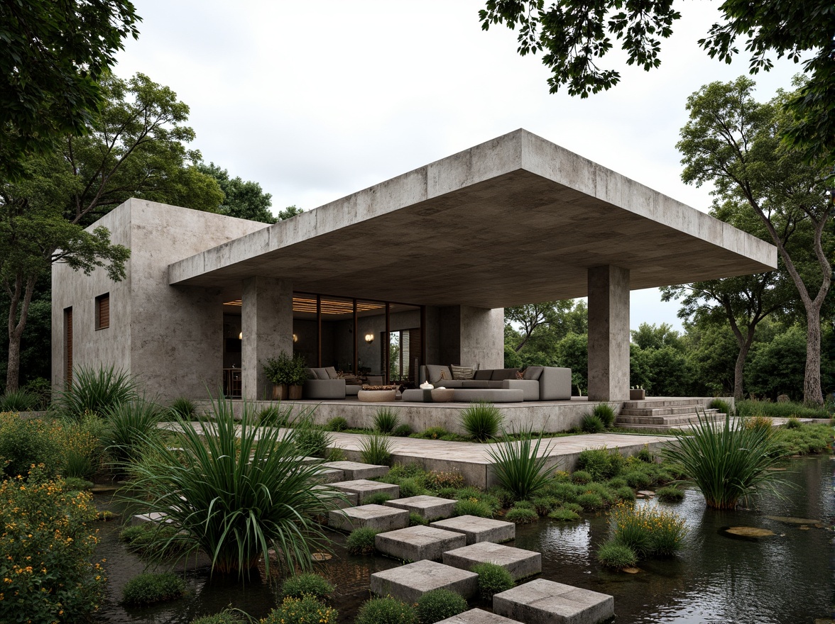 Prompt: Rugged pavilion, brutalist architecture, raw concrete structures, industrial materials, bold geometric forms, dramatic cantilevers, lush greenery, native plants, wildflowers, meandering pathways, weathered stone walls, reclaimed wood accents, naturalistic water features, organic shapes, earthy color palette, overcast sky, soft diffused lighting, atmospheric perspective, 1/2 composition, cinematic framing, high-contrast textures, ambient occlusion.