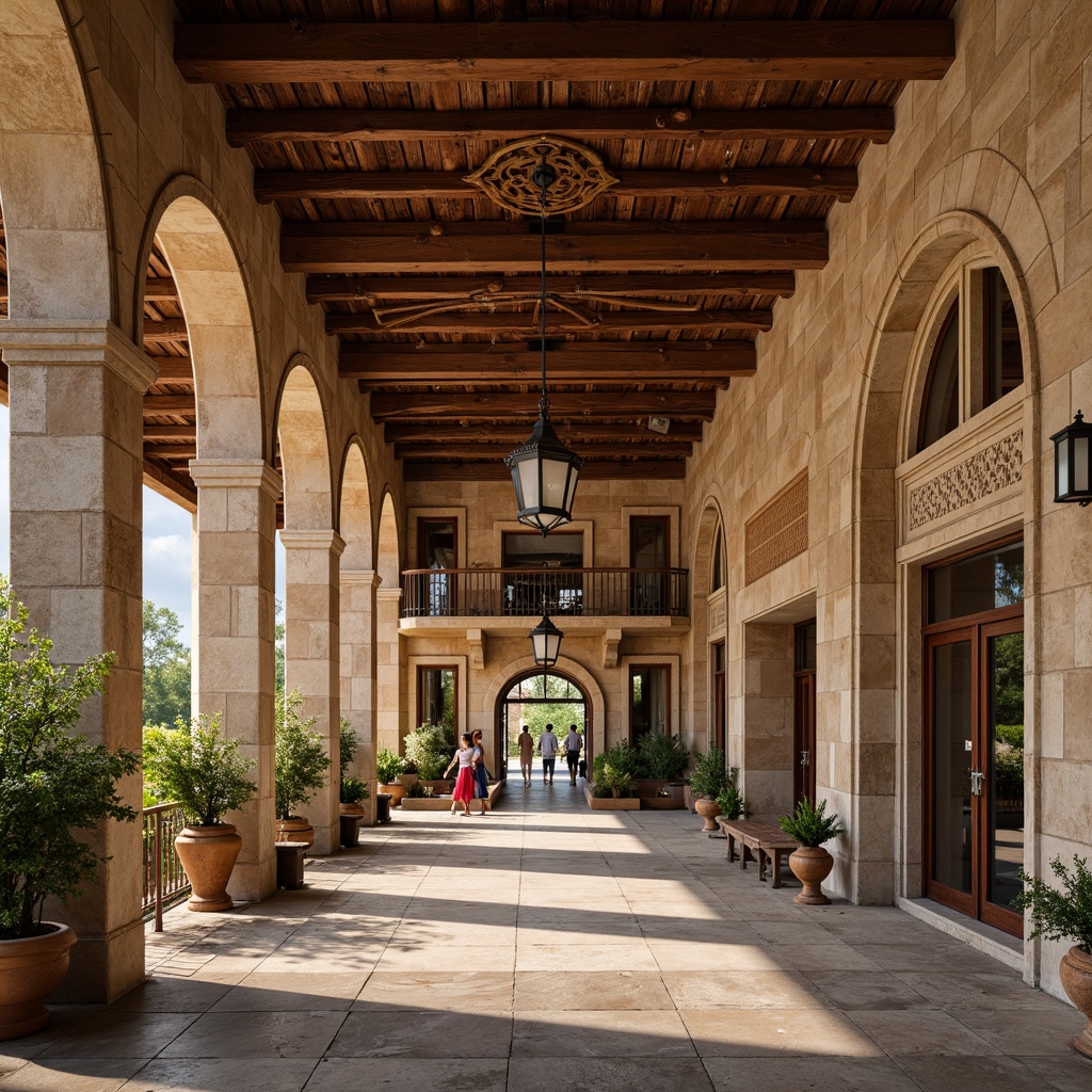 Prompt: Renaissance-style visitor center, ornate facade, grand entrance, arched windows, rustic stone walls, terracotta roof tiles, classical columns, intricate carvings, ornamental details, warm earthy tones, natural stone flooring, wooden accents, vintage lanterns, soft warm lighting, shallow depth of field, 1/2 composition, symmetrical framing, realistic textures, ambient occlusion.