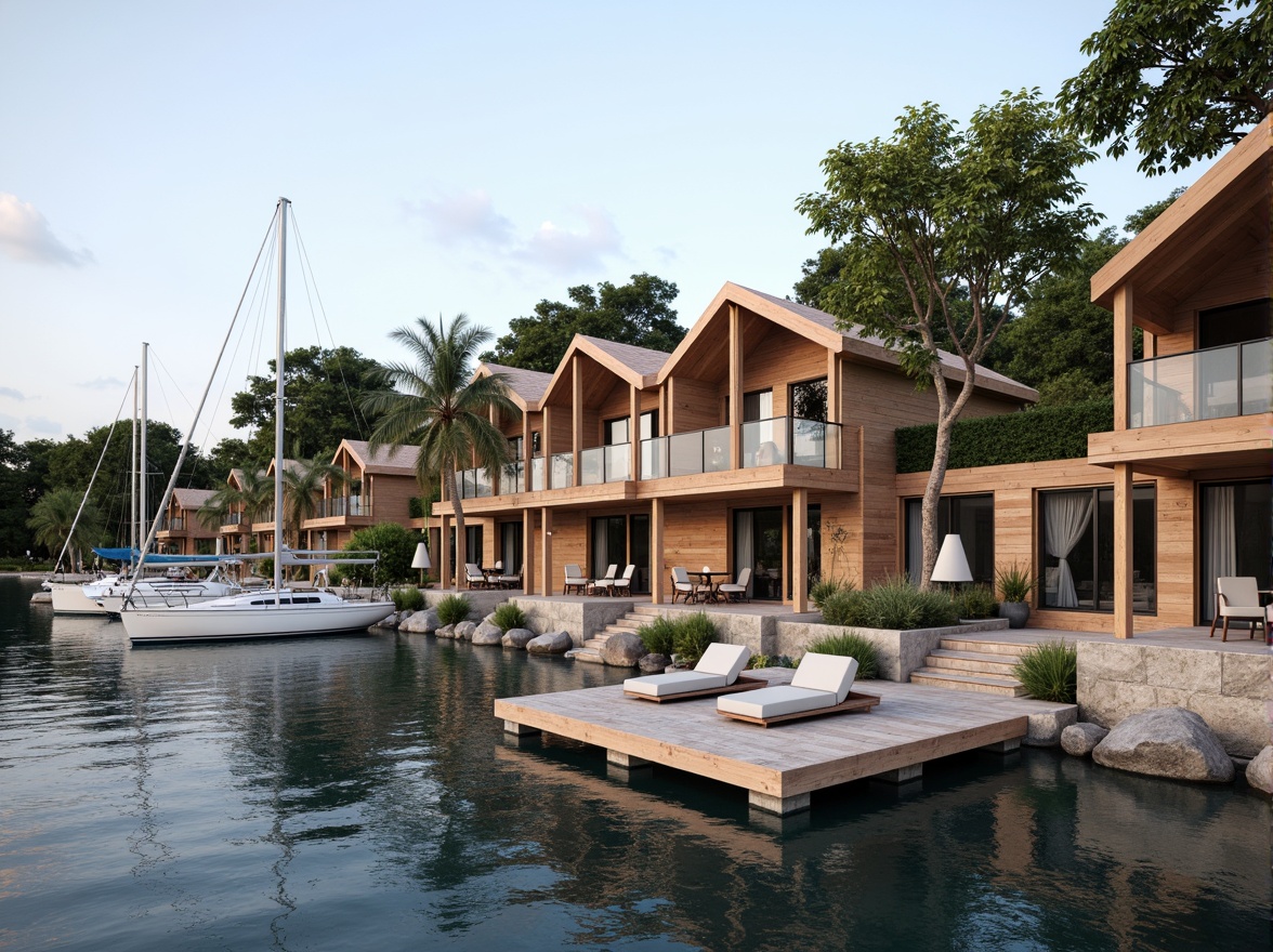 Prompt: Waterfront location, serene lake views, wooden dock, sailboats, curvilinear rooflines, undulating fa\u00e7ades, nautical-themed decorations, rustic wood accents, natural stone foundations, glass-enclosed living areas, modern minimalist interiors, soft warm lighting, shallow depth of field, 1/1 composition, realistic water reflections, ambient occlusion, organic shapes, fluid lines, dynamic forms, harmonious proportions.