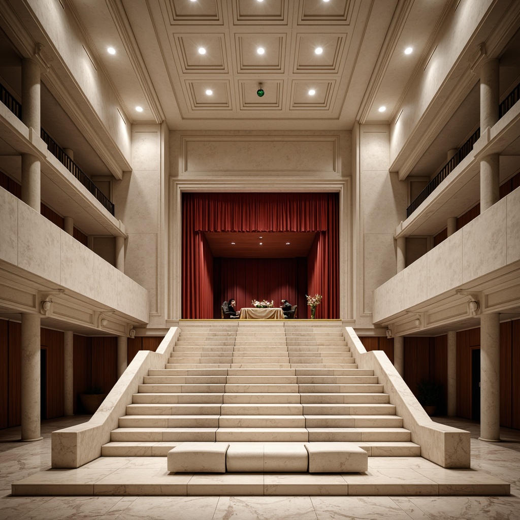 Prompt: Elegant opera house, minimalist architecture, neutral color palette, creamy whites, soft grays, rich blacks, subtle gold accents, ornate details, grand chandeliers, sweeping staircases, luxurious red velvet curtains, polished marble floors, dramatic spotlights, warm ambient lighting, shallow depth of field, 1/1 composition, symmetrical framing, realistic textures, subtle reflections.