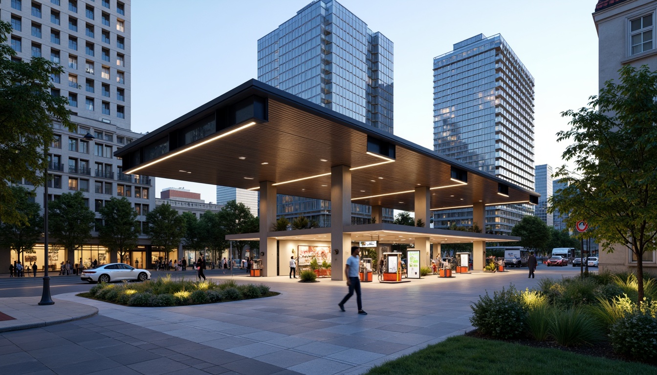 Prompt: Futuristic gas station, sleek metal canopy, angular lines, minimalist design, vibrant LED lighting, modern fuel pumps, stainless steel accents, glass roofs, eco-friendly materials, sustainable energy solutions, solar panels, wind turbines, green walls, lush vegetation, shaded outdoor spaces, misting systems, urban landscape, busy streets, cityscape, 3/4 composition, shallow depth of field, panoramic view, realistic textures, ambient occlusion.