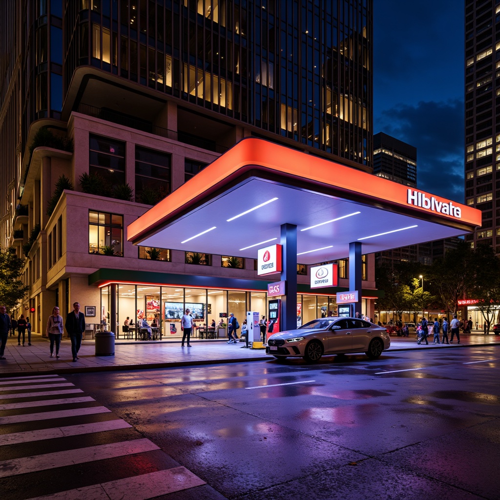 Prompt: Vibrant gas station, neon-lit canopy, bold signage, metallic fuel pumps, sleek modern architecture, reflective glass surfaces, angular lines, industrial-chic design, urban cityscape, bustling streets, night-time ambiance, warm golden lighting, shallow depth of field, 1/1 composition, realistic textures, ambient occlusion.