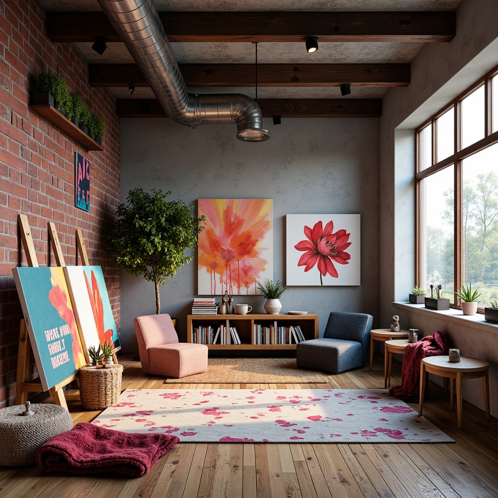 Prompt: Vibrant modern art studio, eclectic color scheme, bold brushstrokes, textured canvases, artistic easels, natural wood floors, industrial metal beams, oversized windows, soft diffused lighting, 3/4 composition, warm atmospheric colors, pastel hues, rich jewel tones, metallic accents, abstract expressionism, contemporary art pieces, inspirational quotes, cozy reading nooks, plush throw blankets.