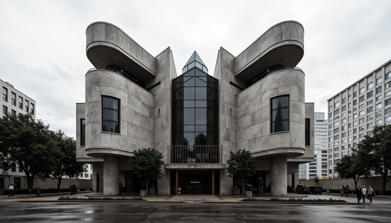 Prompt: Rugged concert house facade, brutalist architecture style, raw concrete textures, fortress-like structure, asymmetrical composition, dramatic cantilevered roofs, industrial metal accents, minimalist ornamentation, bold geometric forms, monochromatic color scheme, urban cityscape background, cloudy overcast sky, high-contrast lighting, deep shadows, 1/2 composition, cinematic camera angle, gritty realistic rendering.