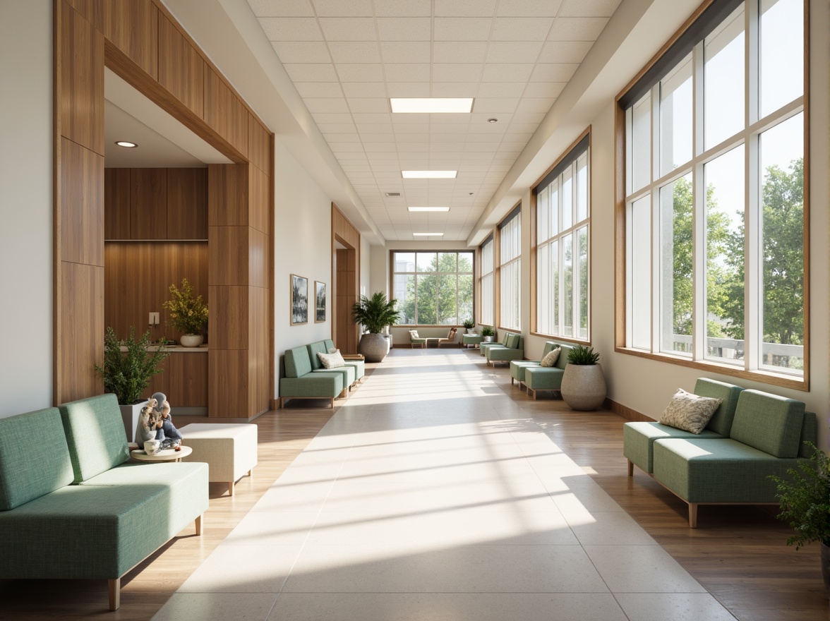 Prompt: Soothing hospital corridors, calming color schemes, natural wood accents, comfortable waiting areas, ergonomic seating, gentle lighting, acoustic panels, minimalist decor, functional nurse stations, private patient rooms, large windows, abundant natural light, soft flooring, warm textures, peaceful artwork, serene atmosphere, shallow depth of field, 1/1 composition, realistic renderings, ambient occlusion.