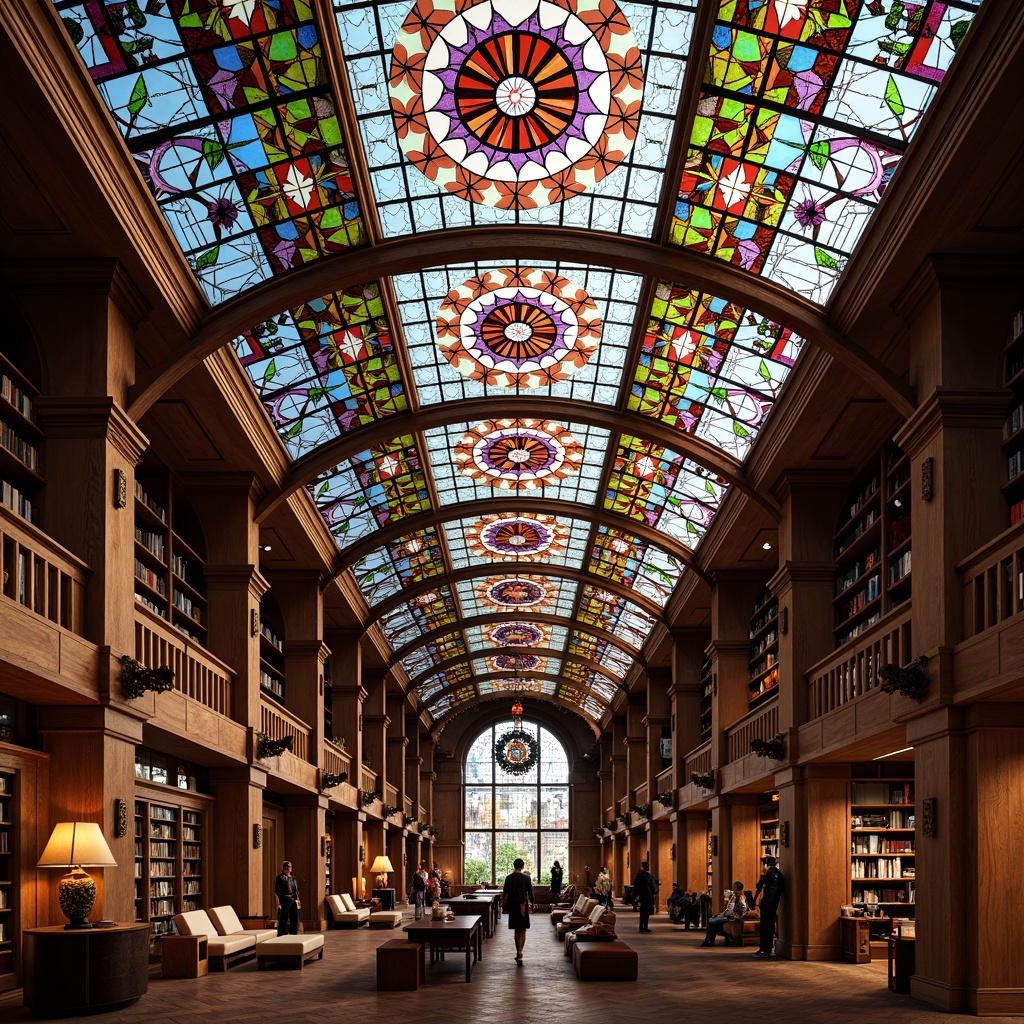 Prompt: Vibrant stained glass ceiling, colorful geometric patterns, warm natural light, cozy reading nooks, wooden bookshelves, comfortable seating areas, quiet study spaces, elegant architectural details, ornate metal frames, rich cultural heritage, spiritual ambiance, soft diffused lighting, 1/1 composition, realistic textures, ambient occlusion.