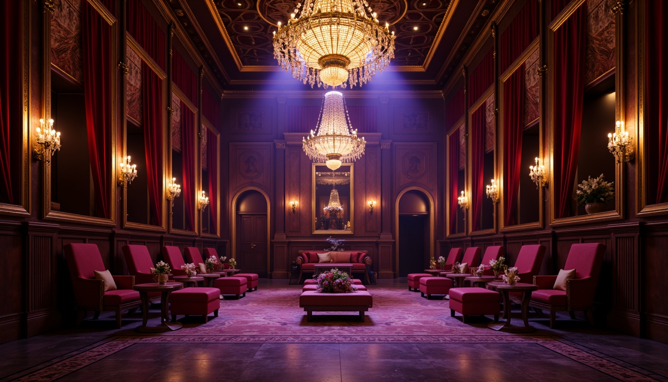 Prompt: Rich velvet curtains, ornate golden frames, luxurious red seats, dimmed warm lighting, mysterious dark woods, lavish crystal chandeliers, opulent marble floors, grandiose high ceilings, dramatic spotlights, cinematic 3/4 composition, shallow depth of field, soft focus, vibrant crimson accents, metallic bronze details, intricate patterns, regal purple hues, majestic architectural elements.