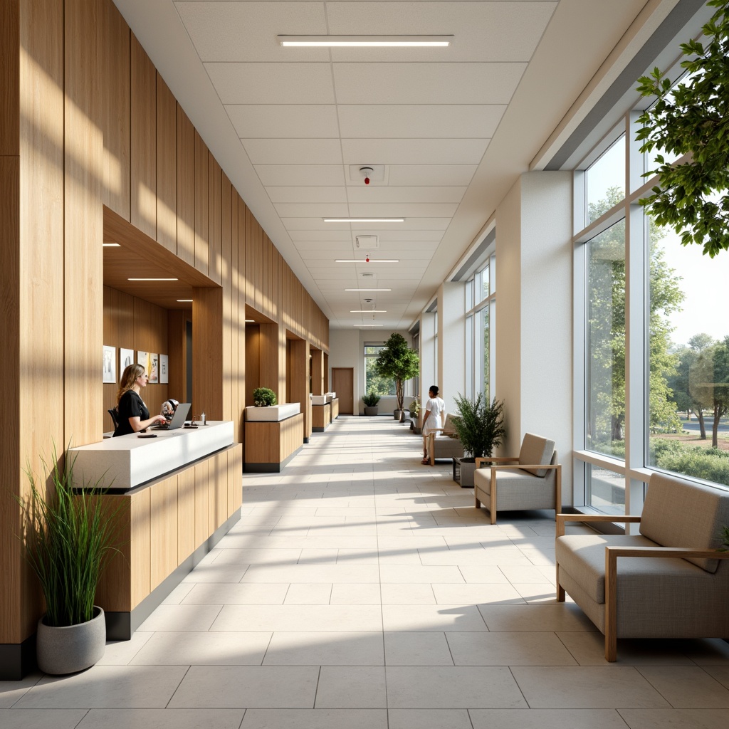 Prompt: Soothing hospital corridors, calming color schemes, natural wood accents, comfortable waiting areas, ergonomic seating, gentle lighting, acoustic panels, minimalist decor, functional nurse stations, private patient rooms, large windows, abundant natural light, soft flooring, warm textures, peaceful artwork, serene atmosphere, shallow depth of field, 1/1 composition, realistic renderings, ambient occlusion.