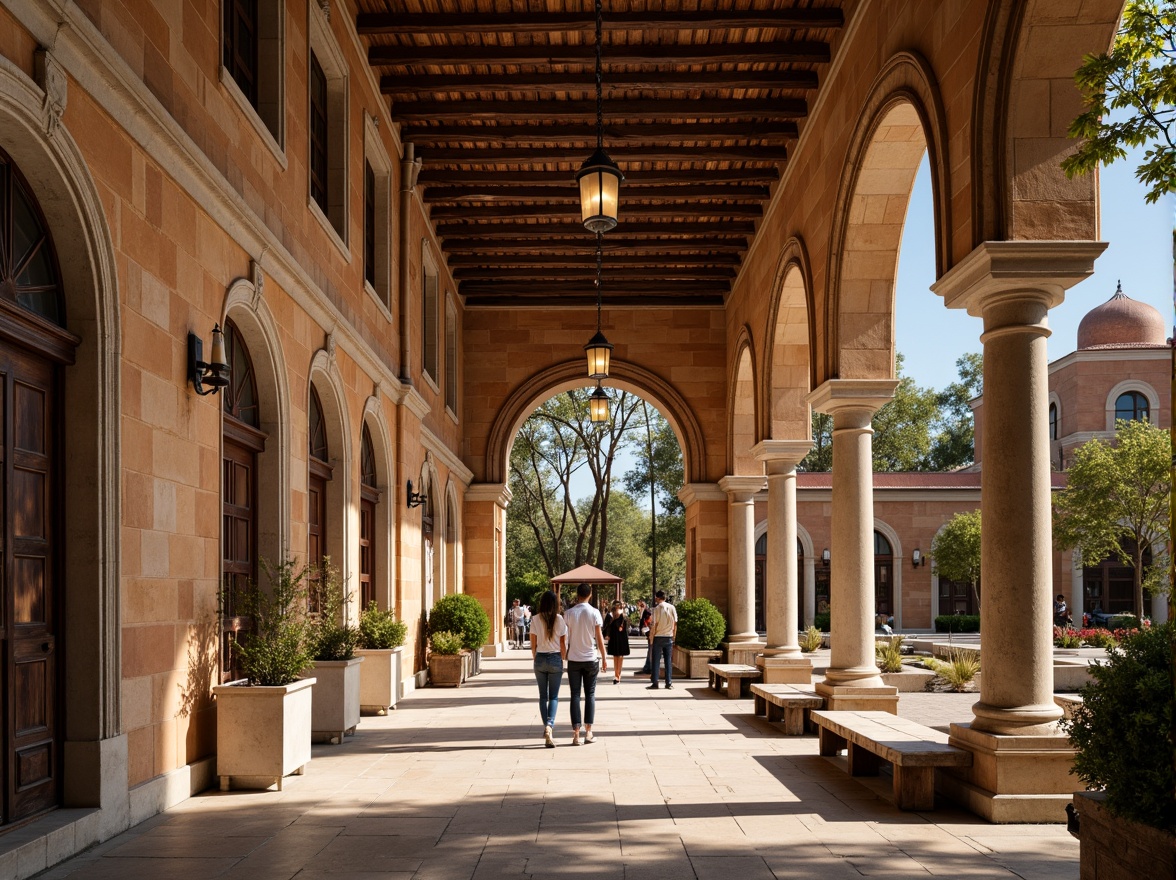 Prompt: Renaissance-style visitor center, ornate facade, grand entrance, arched windows, rustic stone walls, terracotta roof tiles, classical columns, intricate carvings, ornamental details, warm earthy tones, natural stone flooring, wooden accents, vintage lanterns, soft warm lighting, shallow depth of field, 1/2 composition, symmetrical framing, realistic textures, ambient occlusion.