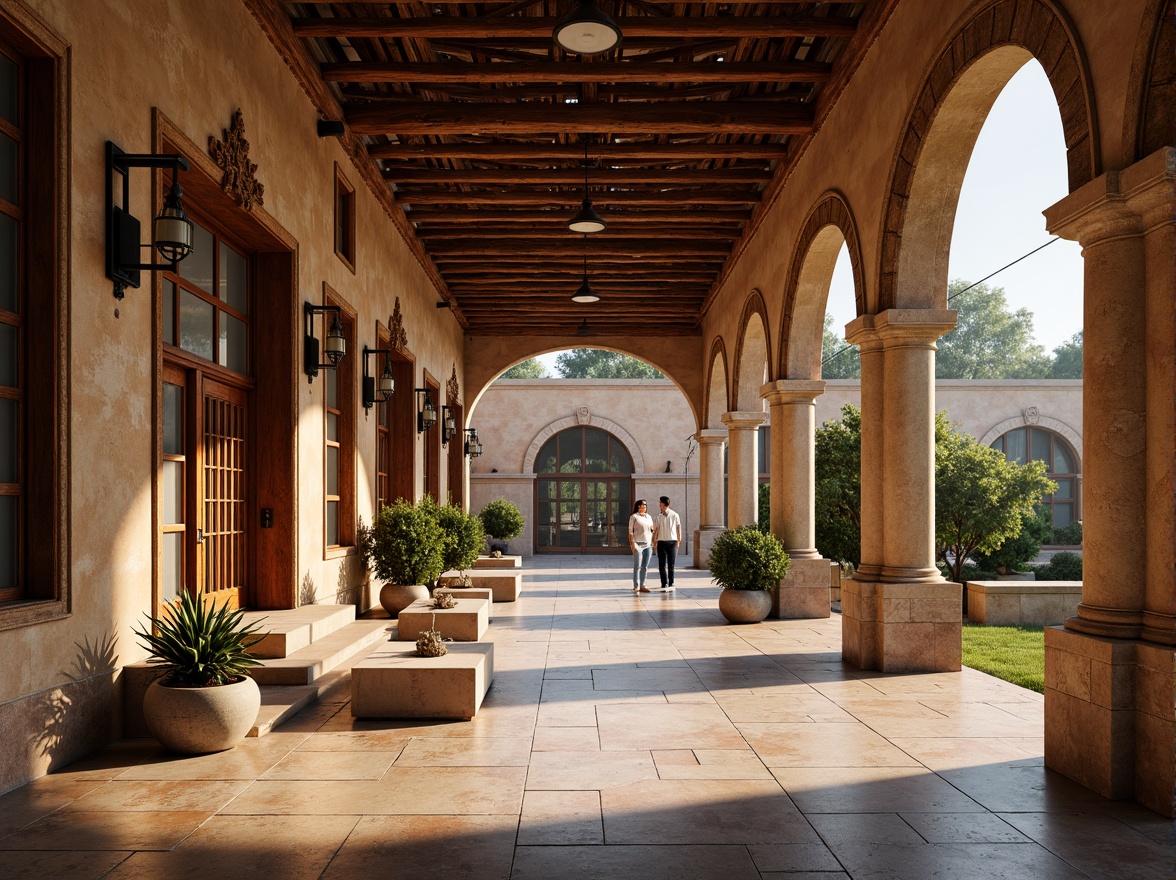 Prompt: Renaissance-style visitor center, ornate facade, grand entrance, arched windows, rustic stone walls, terracotta roof tiles, classical columns, intricate carvings, ornamental details, warm earthy tones, natural stone flooring, wooden accents, vintage lanterns, soft warm lighting, shallow depth of field, 1/2 composition, symmetrical framing, realistic textures, ambient occlusion.