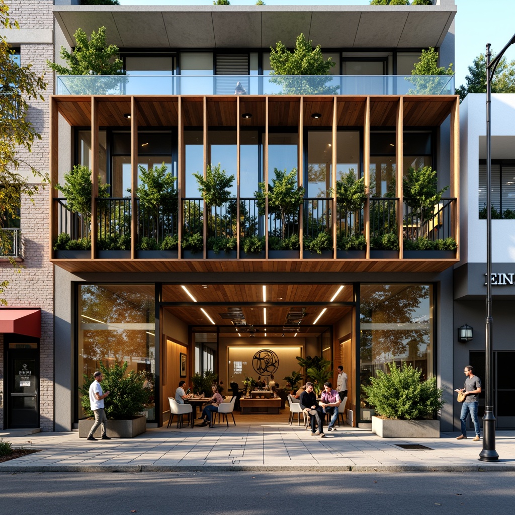 Prompt: Vibrant coffee shop facade, modern minimalist architecture, large glass windows, wooden accents, industrial metal frames, green walls, living plants, natural stone cladding, LED lighting installations, geometric patterns, bold color schemes, urban cityscape, busy street scene, morning sunlight, shallow depth of field, 1/2 composition, realistic textures, ambient occlusion.