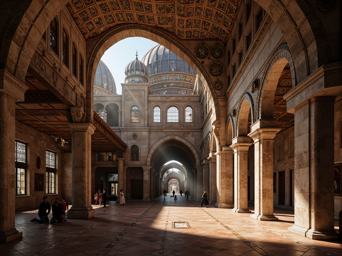 Prompt: Intricate stone carvings, ornate domes, grand archways, vibrant mosaics, golden accents, rustic terracotta tiles, weathered copper roofing, aged stone walls, mystical ambiance, soft warm lighting, dramatic shadows, 1/1 composition, low-angle shot, realistic textures, ambient occlusion.