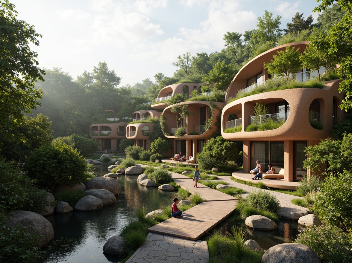 Prompt: Organic blob-shaped buildings, curved lines, futuristic architecture, lush green roofs, verdant walls, natural stone foundations, meandering pathways, serene water features, koi ponds, wooden decks, cantilevered structures, panoramic views, soft warm lighting, shallow depth of field, 3/4 composition, realistic textures, ambient occlusion, misty morning atmosphere, vibrant colorful flora, eclectic garden ornaments, whimsical sculptures.