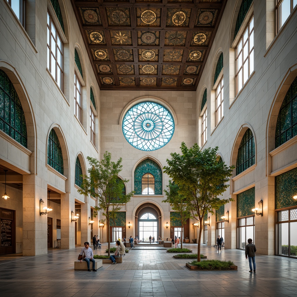 Prompt: Minaret, grand dome, intricate arches, ornate columns, Islamic-inspired patterns, geometric motifs, vibrant turquoise tiles, golden accents, natural stone walls, modern minimalist fa\u00e7ade, clean lines, minimal ornamentation, large windows, stained glass, soft warm lighting, shallow depth of field, 3/4 composition, panoramic view, realistic textures, ambient occlusion, peaceful atmosphere, serene ambiance, spiritual essence.