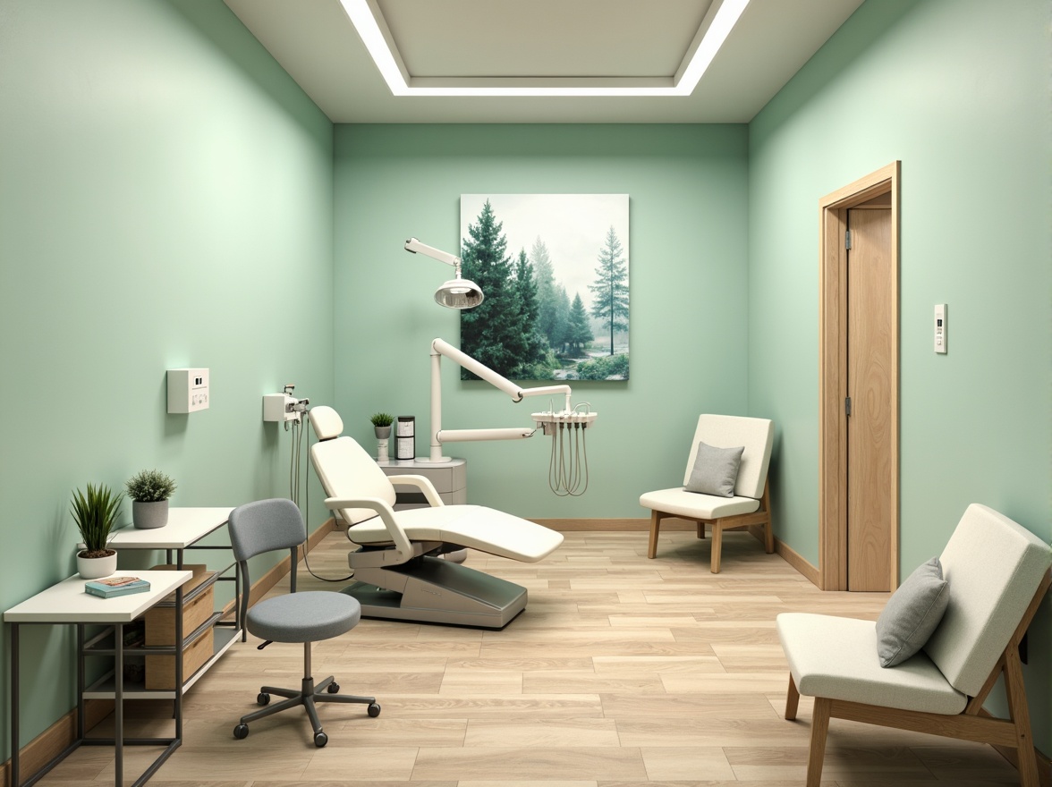 Prompt: Calming dental clinic, soft mint green walls, creamy white furniture, warm beige floors, gentle blue accents, soothing ambient lighting, natural wood textures, minimalist decor, modern sleek equipment, sterile stainless steel surfaces, comfortable patient chairs, calming nature-inspired artwork, serene waiting area, peaceful atmosphere, shallow depth of field, 1/1 composition, realistic renderings, subtle gradient effects.