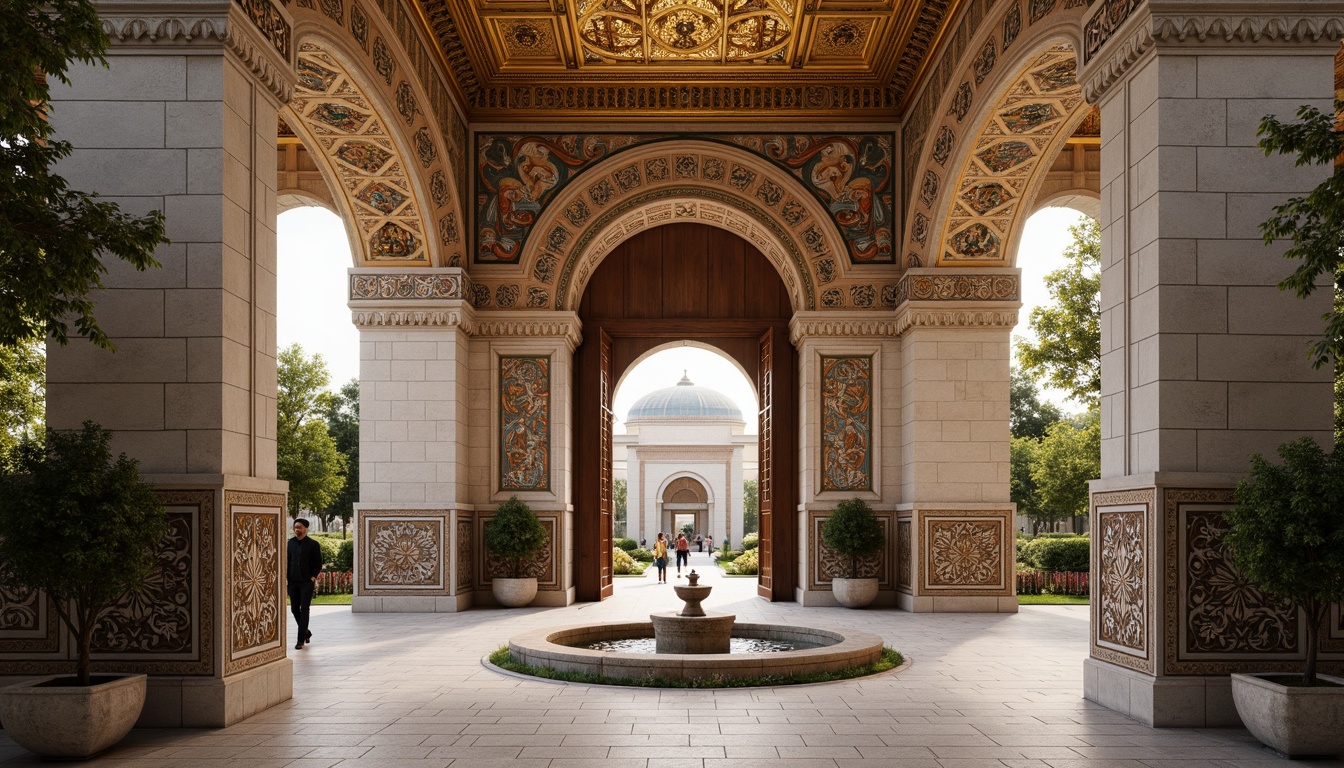 Prompt: Intricate stone carvings, ornate golden domes, majestic archways, grand entrance gates, rustic wooden doors, vibrant mosaic patterns, richly textured stonework, Byzantine-inspired frescoes, serene courtyard gardens, tranquil fountain features, soft warm lighting, shallow depth of field, 3/4 composition, panoramic view, realistic textures, ambient occlusion.