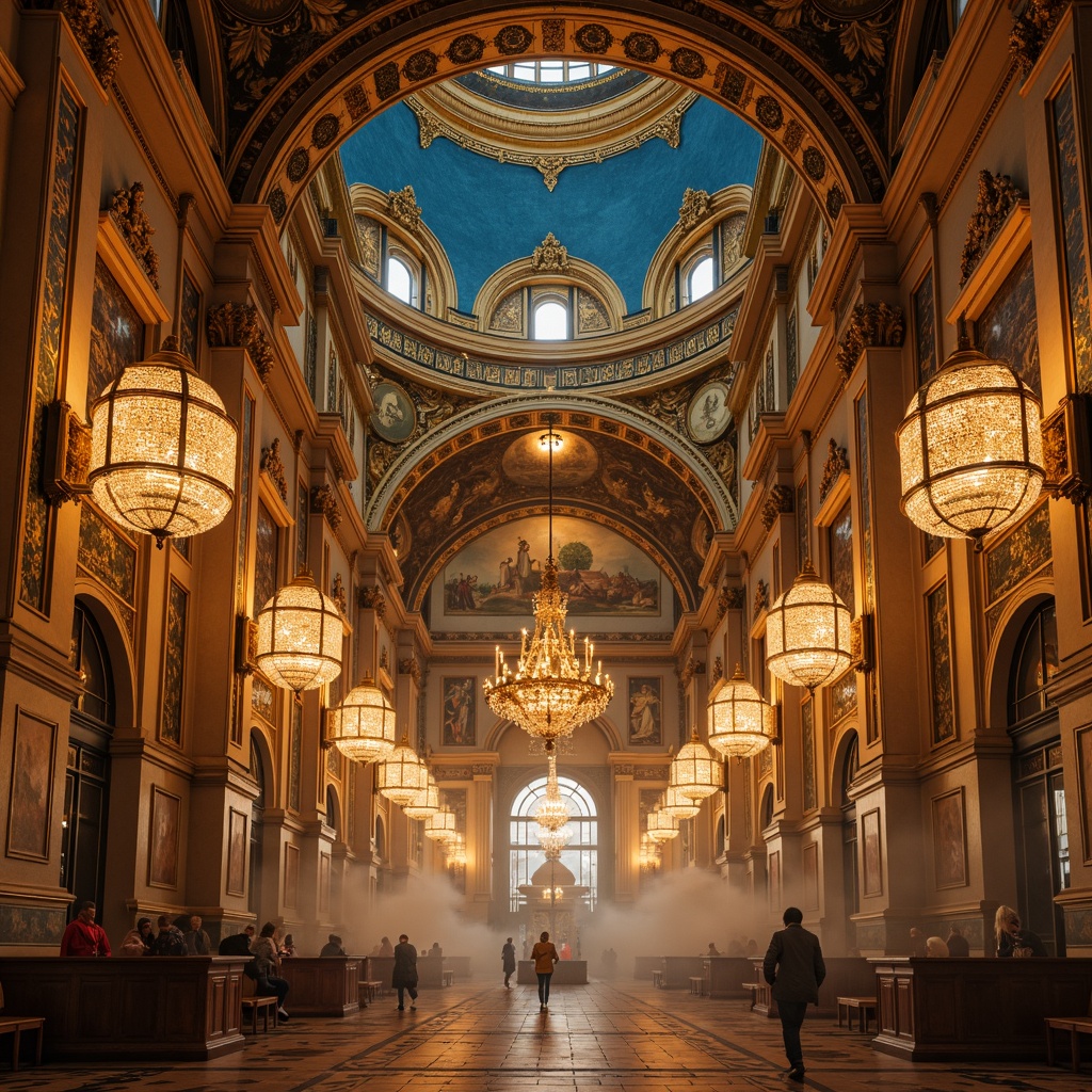 Prompt: Golden domes, intricate mosaics, richly ornamented walls, warm beige stone, ornate frescoes, vibrant blue ceilings, gilded accents, luxurious velvet drapes, ornamental lanterns, majestic archways, grandiose chandeliers, soft candlelight, atmospheric fog, mystical ambiance, 1/2 composition, low-angle shot, dramatic shadows, realistic textures, ambient occlusion.