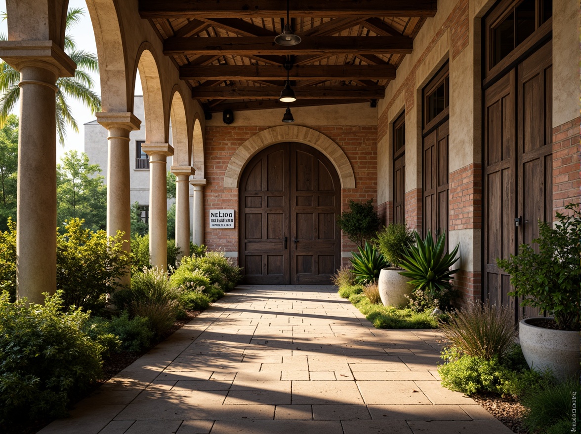 Prompt: Rustic warehouse, Romanesque arches, weathered stone walls, lush greenery, overflowing planters, reclaimed wood accents, industrial metal doors, vintage signage, distressed brick textures, earthy color palette, warm golden lighting, shallow depth of field, 1/1 composition, symmetrical framing, dramatic shadows, ambient occlusion.