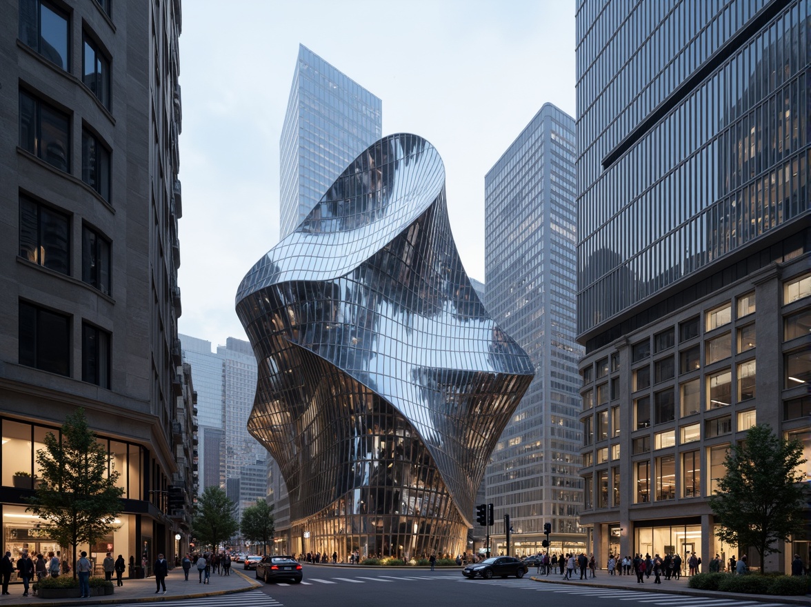 Prompt: Unique sculptural building, futuristic curves, metallic sheen, cantilevered structures, asymmetrical forms, bold color contrasts, dynamic lighting effects, urban cityscape, bustling streets, modern skyscrapers, sleek glass facades, abstract patterns, innovative materials, 3D modeling, dramatic shadows, high-contrast textures, cinematic composition, atmospheric mist.