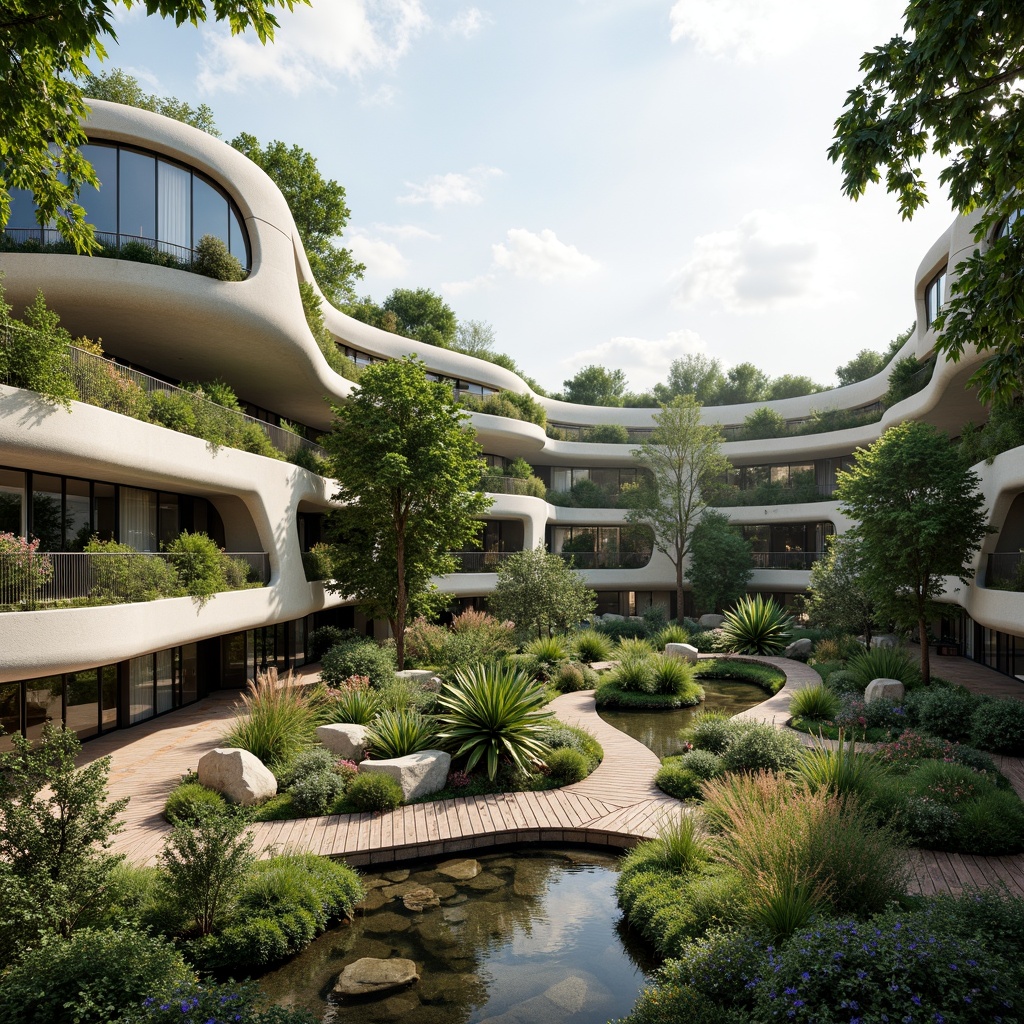 Prompt: Organic blob-shaped buildings, curved lines, futuristic architecture, lush green roofs, verdant walls, natural stone foundations, winding water features, serene ponds, walking trails, wooden bridges, vibrant flower arrangements, native plant species, warm sunny day, soft diffused lighting, shallow depth of field, 3/4 composition, panoramic view, realistic textures, ambient occlusion.