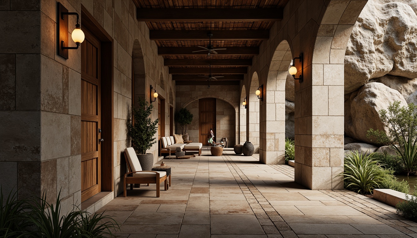 Prompt: Rustic stone walls, weathered wooden planks, rough-hewn concrete columns, tactile brick facades, ornate metalwork details, intricate stonework patterns, natural rock formations, earthy tones, organic shapes, curved lines, asymmetrical compositions, warm ambient lighting, soft shadows, high-contrast textures, realistic material renderings, detailed normal maps, subtle bump mapping, cinematic camera angles, dramatic depth of field.