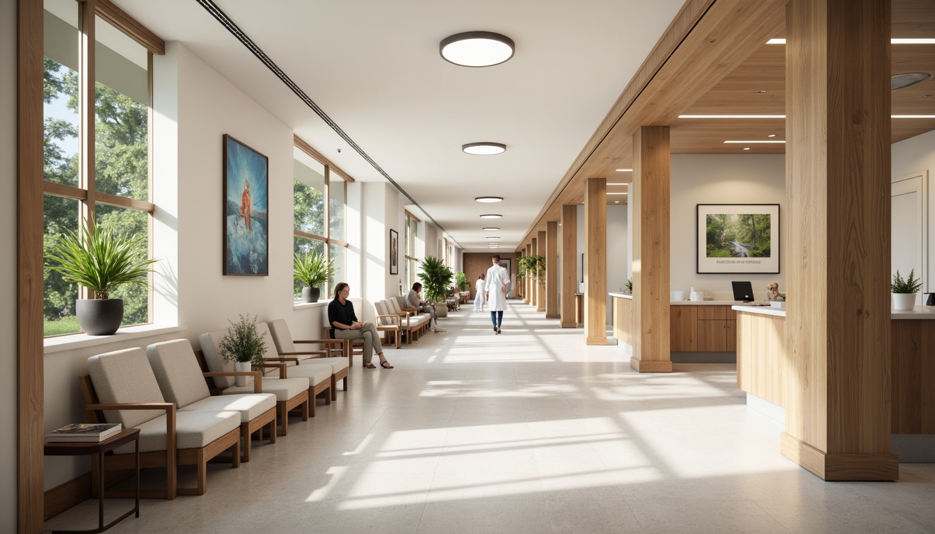 Prompt: Soothing hospital corridors, calming color schemes, natural wood accents, comfortable waiting areas, ergonomic seating, gentle lighting, acoustic panels, minimalist decor, functional nurse stations, private patient rooms, large windows, abundant natural light, soft flooring, warm textures, peaceful artwork, serene atmosphere, shallow depth of field, 1/1 composition, realistic renderings, ambient occlusion.